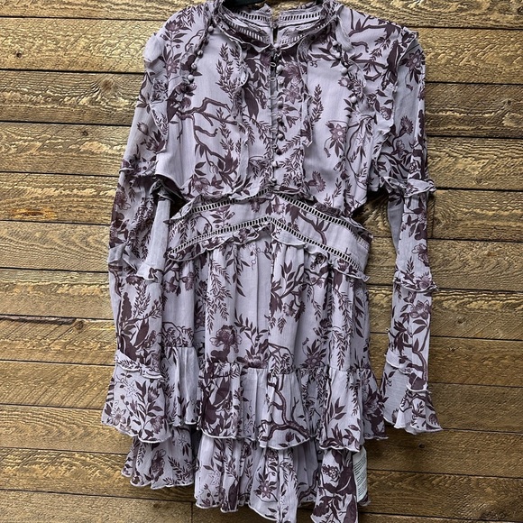 ASOS DESIGN frill mini dress with button detail in dusty purple toile du jouy - Picture 3 of 9